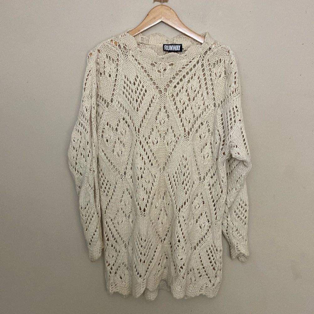 Oversized 90’s Cotton Ivory Crochet Tunic Sweater size L Boho Festival Grandma